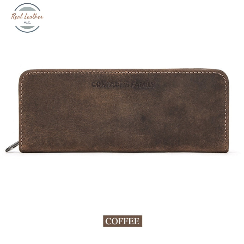 Genuine Cow Leather Zipper Pencil Pouch Coffee