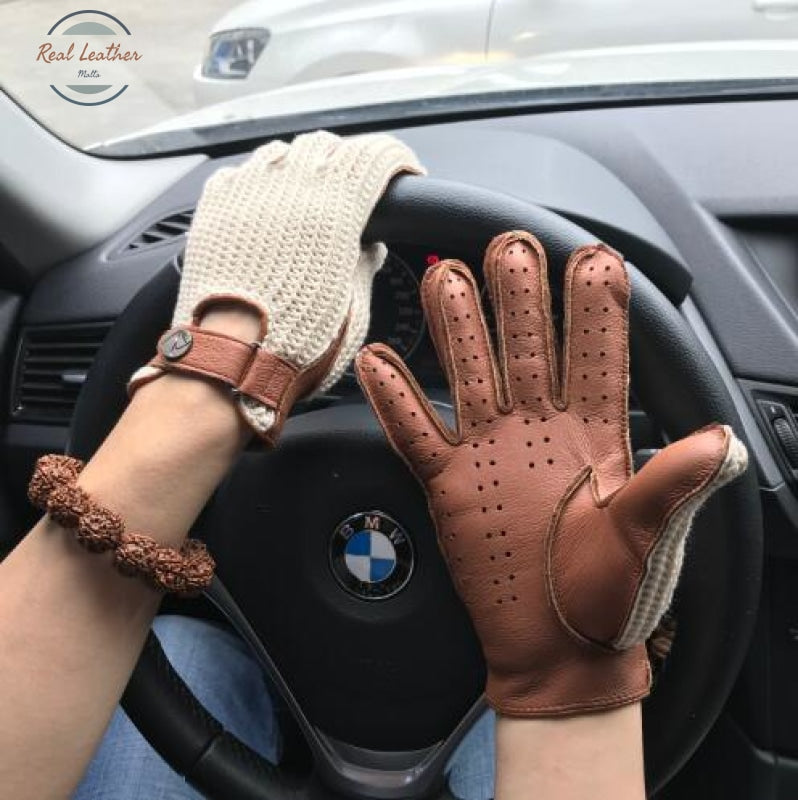 Genuine Goatskin Leather - Breathable Gloves Camel White / S