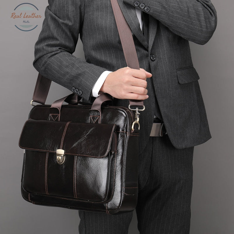 Mva Men's Briefcase Bag Genuine Leather Laptop 14 Business Tote For Document Office Portable