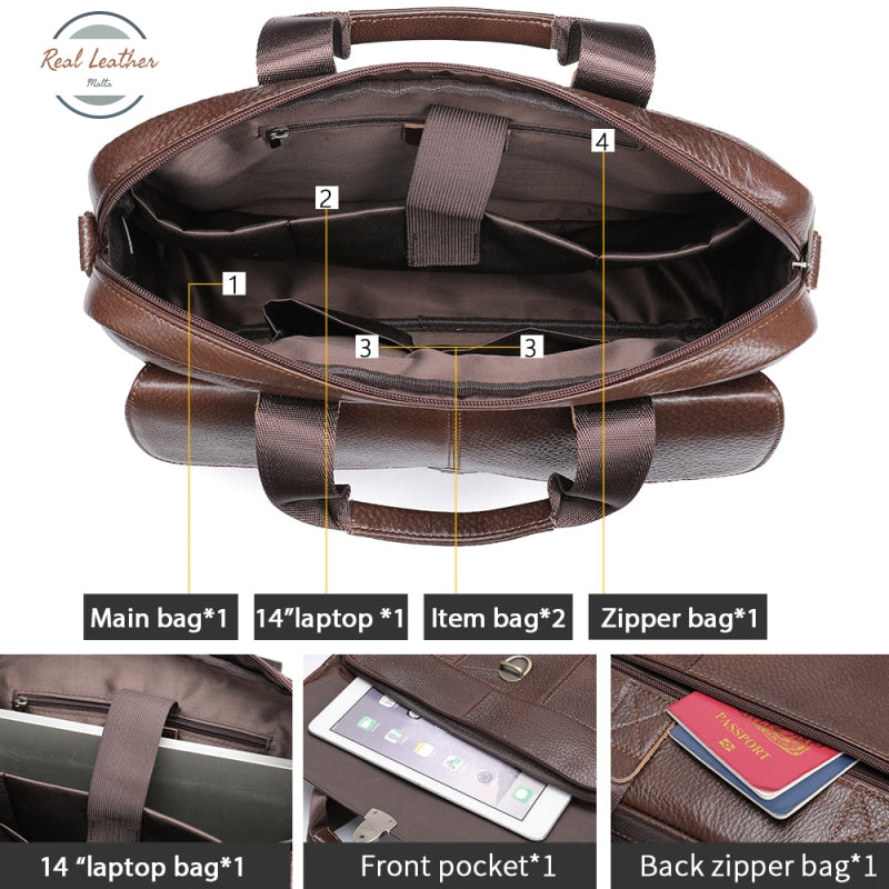 Mva Men's Briefcase Bag Genuine Leather Laptop 14 Business Tote For Document Office Portable