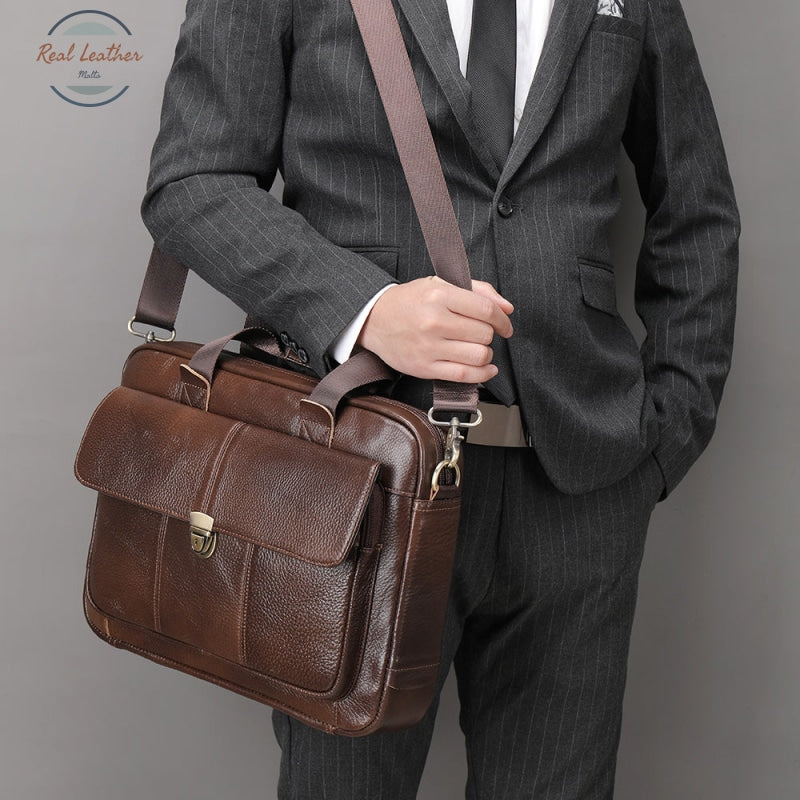 Mva Men's Briefcase Bag Genuine Leather Laptop 14 Business Tote For Document Office Portable