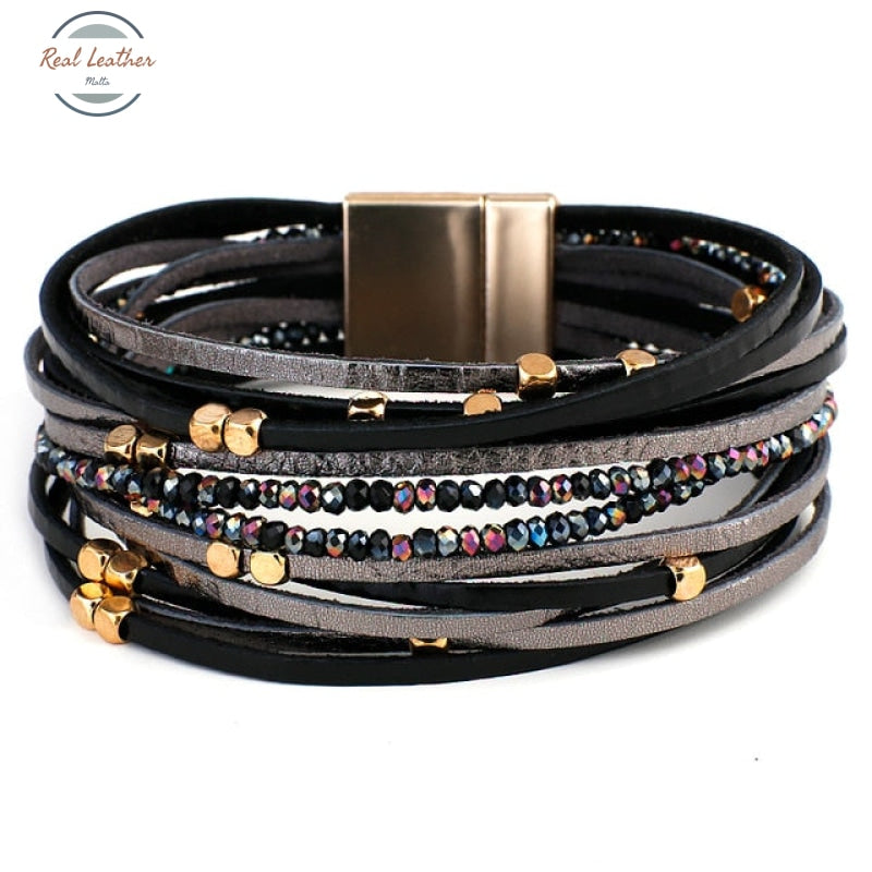 Genuine Leather Boho Multilayer Bracelets For Women Black