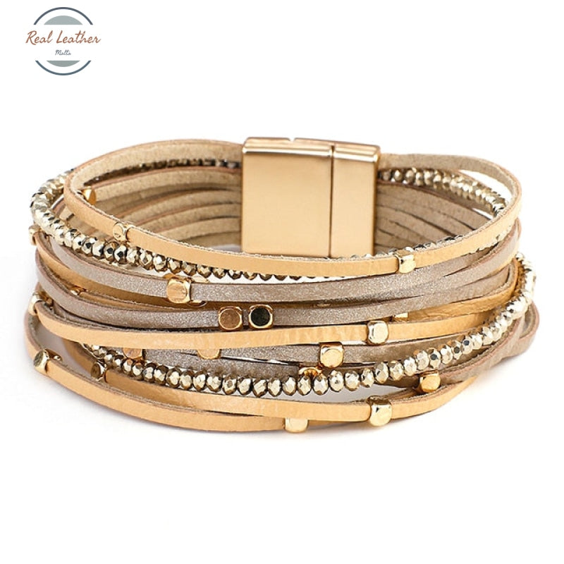 Genuine Leather Boho Multilayer Bracelets For Women Champagne