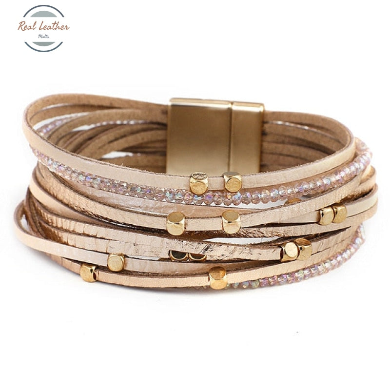 Genuine Leather Boho Multilayer Bracelets For Women Pink