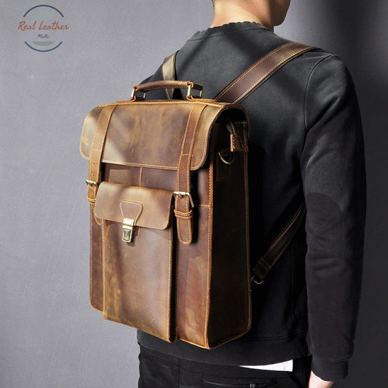 Genuine Leather Casual Convertible Backpack Brown 2 / 14 Inches