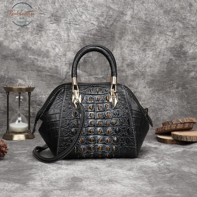 Genuine Leather Crocodile Embossed Hand Bag Black
