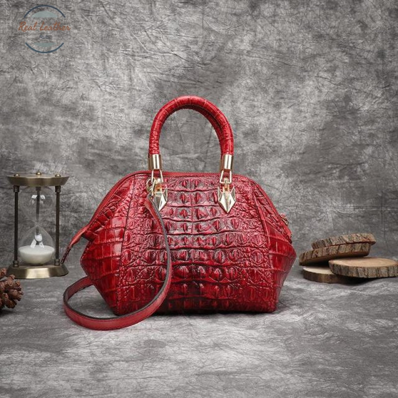 Genuine Leather Crocodile Embossed Hand Bag Red