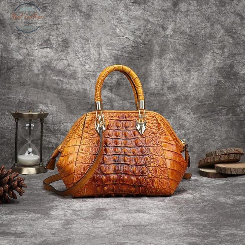 Genuine Leather Crocodile Embossed Hand Bag Yellow