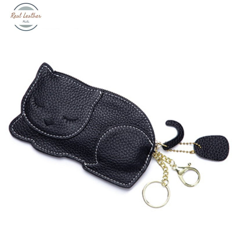Genuine Leather Cute Cat Coin Purse Black Coin Purse