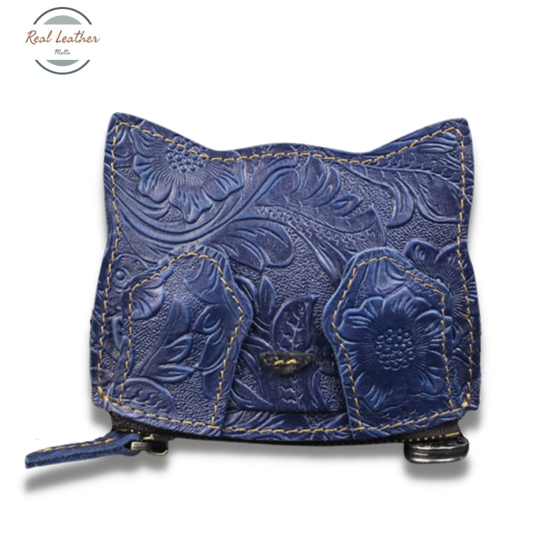 Genuine Leather Cute Cat Coin Purse Blue