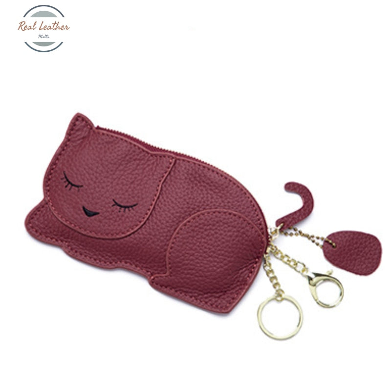 Genuine Leather Cute Cat Coin Purse Burgundy Coin Purse
