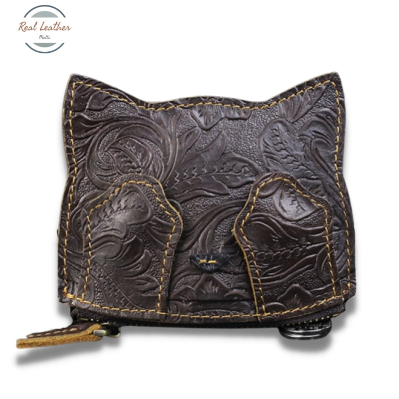 Genuine Leather Cute Cat Coin Purse Chocolate
