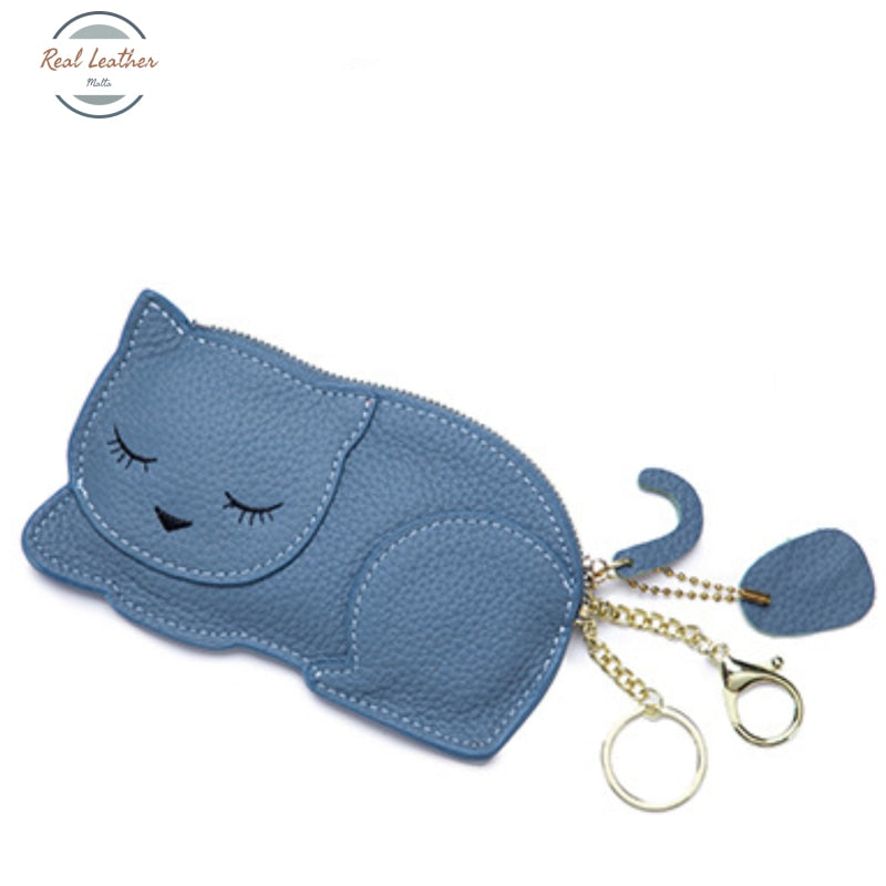 Genuine Leather Cute Cat Coin Purse Denim Blue Coin Purse