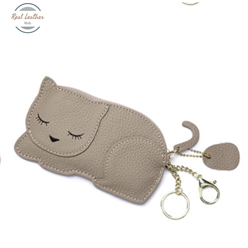 Genuine Leather Cute Cat Coin Purse Gray Coin Purse