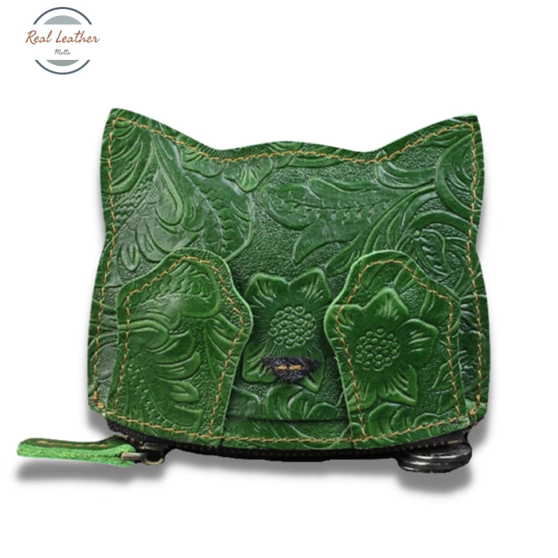 Genuine Leather Cute Cat Coin Purse Green