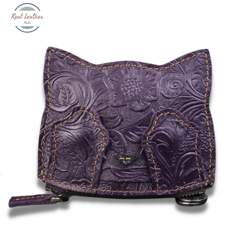 Genuine Leather Cute Cat Coin Purse Purple