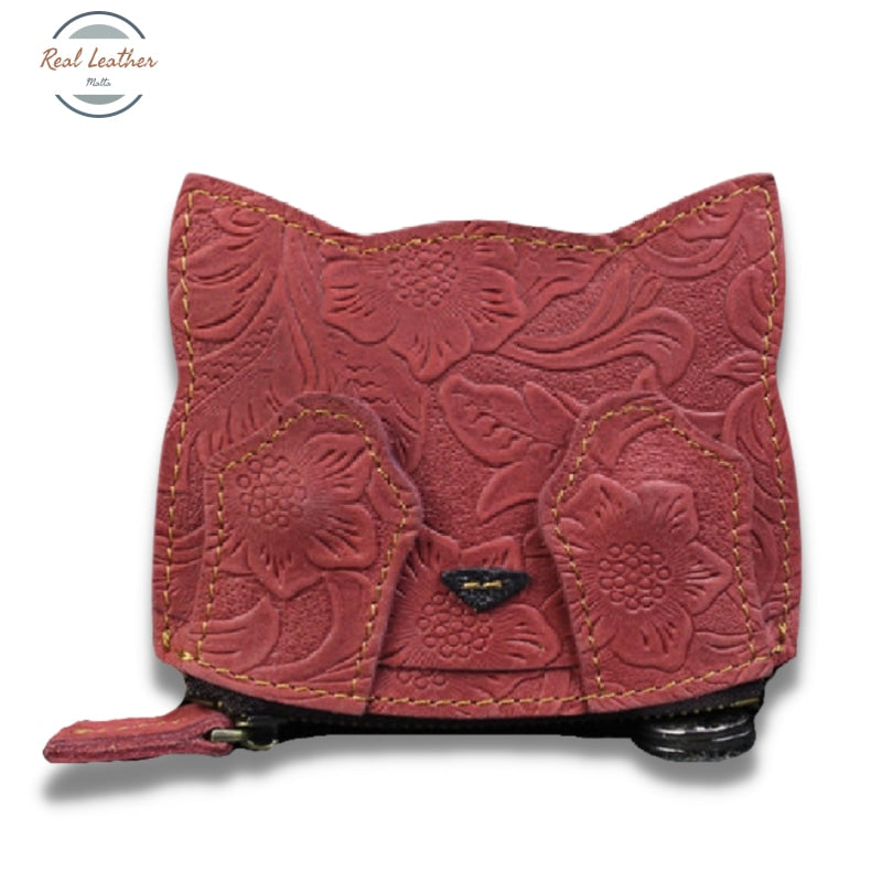 Genuine Leather Cute Cat Coin Purse Red