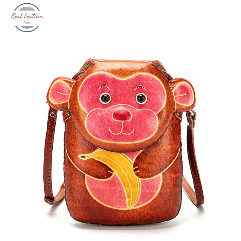 Genuine Leather Cute Character Phone Pouch Monkey