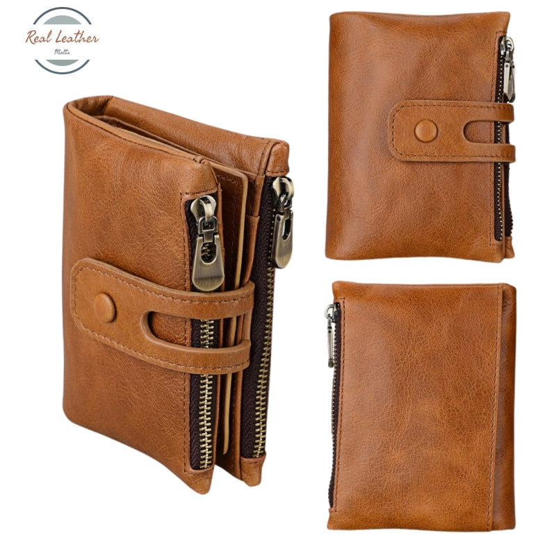 Genuine Leather Double Zipper Short Wallet