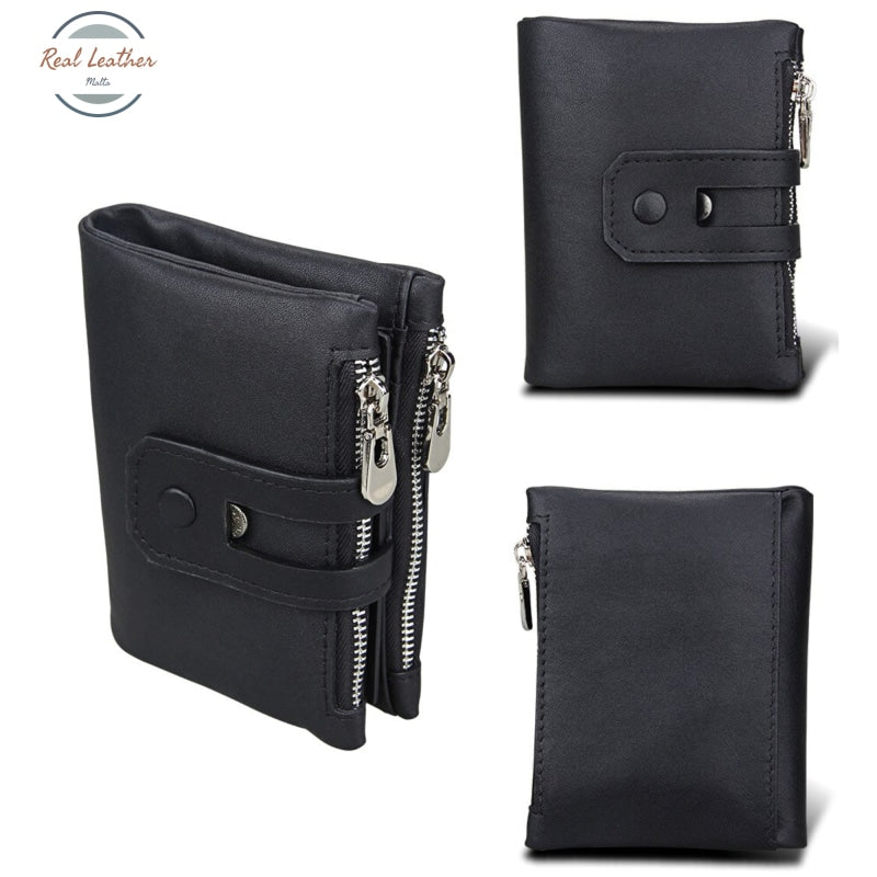 Genuine Leather Double Zipper Short Wallet