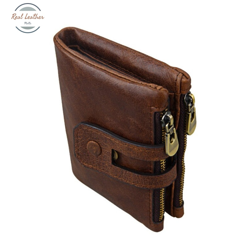 Genuine Leather Double Zipper Short Wallet