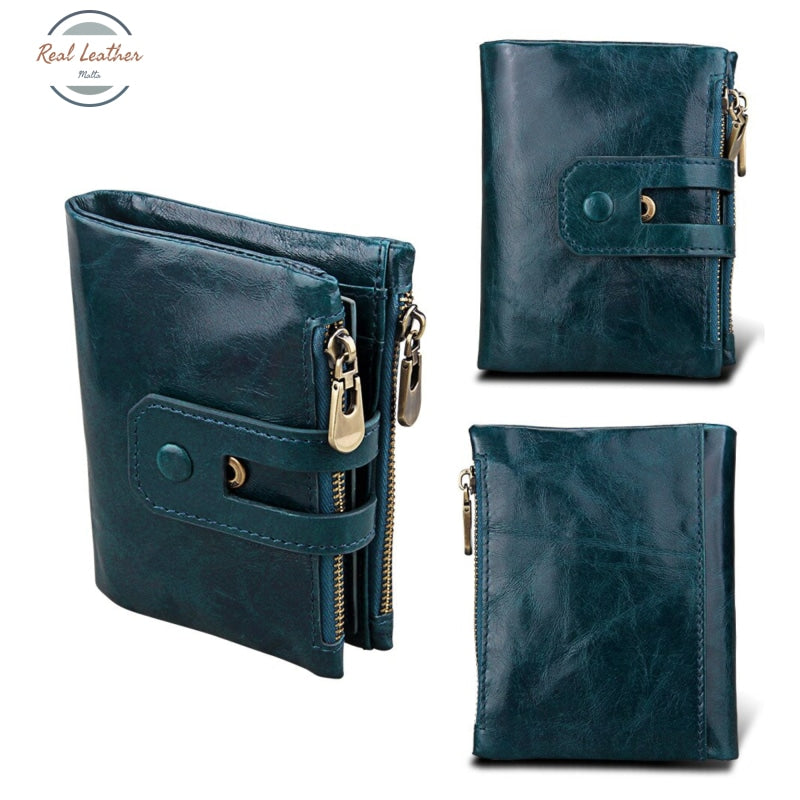 Genuine Leather Double Zipper Short Wallet