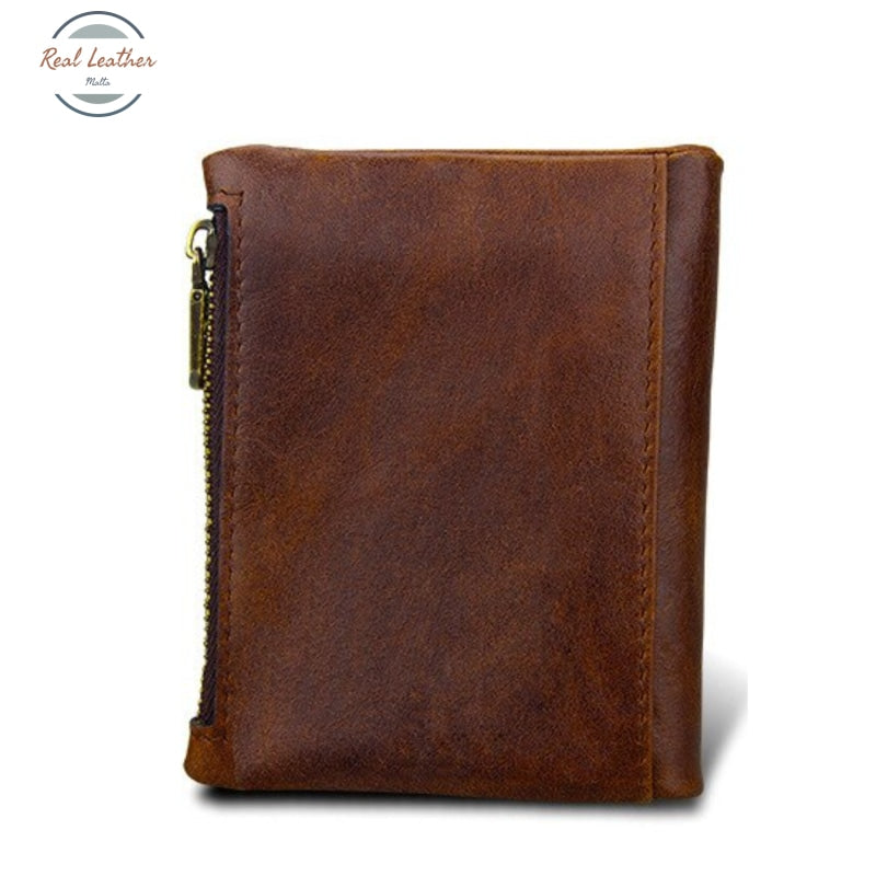 Genuine Leather Double Zipper Short Wallet