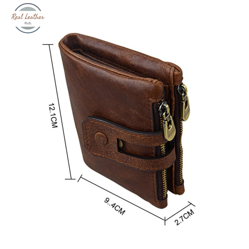Genuine Leather Double Zipper Short Wallet