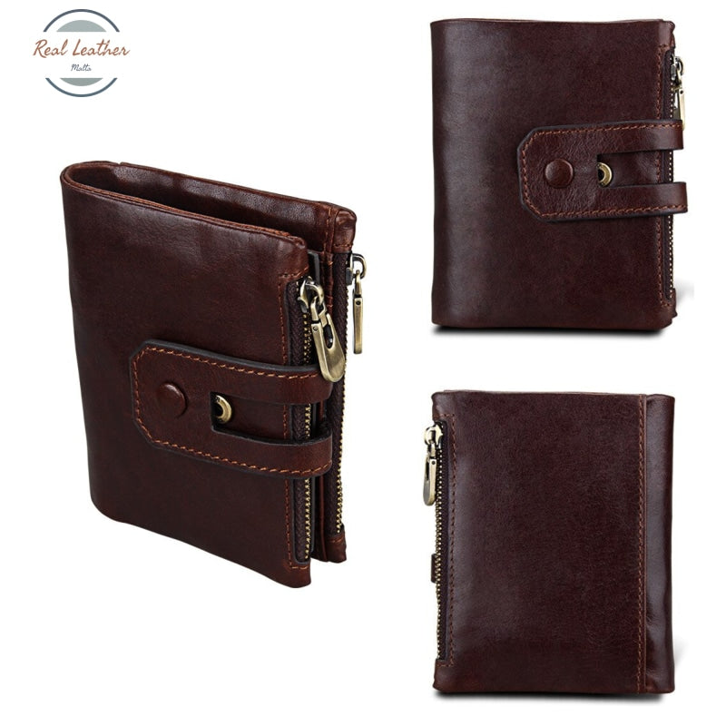 Genuine Leather Double Zipper Short Wallet