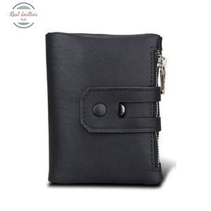 Genuine Leather Double Zipper Short Wallet Black