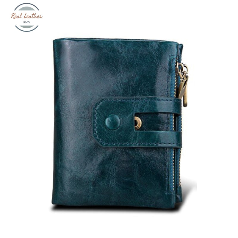 Genuine Leather Double Zipper Short Wallet Blue