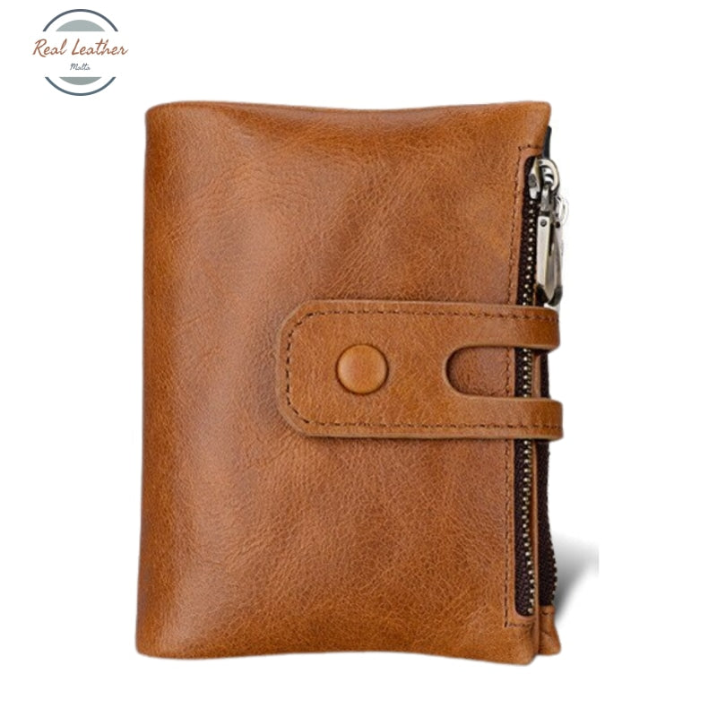 Genuine Leather Double Zipper Short Wallet Brown