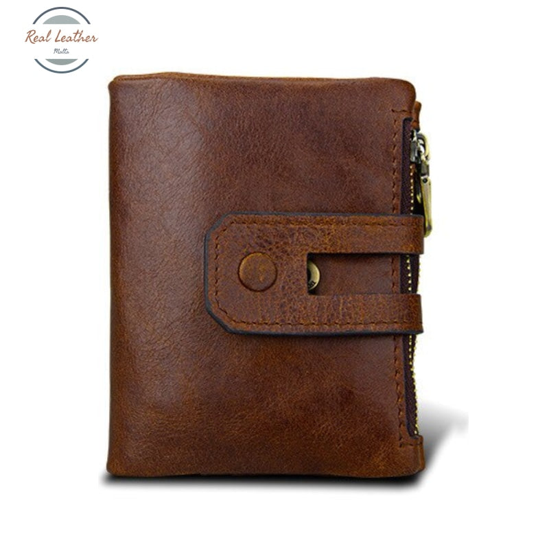 Genuine Leather Double Zipper Short Wallet Coffee