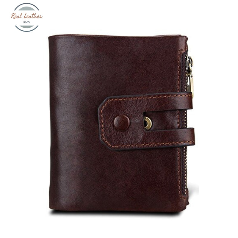 Genuine Leather Double Zipper Short Wallet Reddish Brown