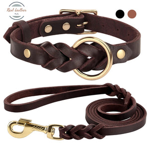 Genuine Leather Durable Braided Dog Collar Leash Set Leash Set