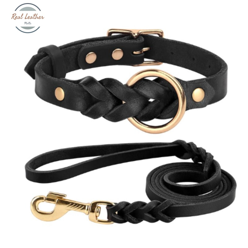 Genuine Leather Durable Braided Dog Collar Leash Set Black / Medium Leash Set