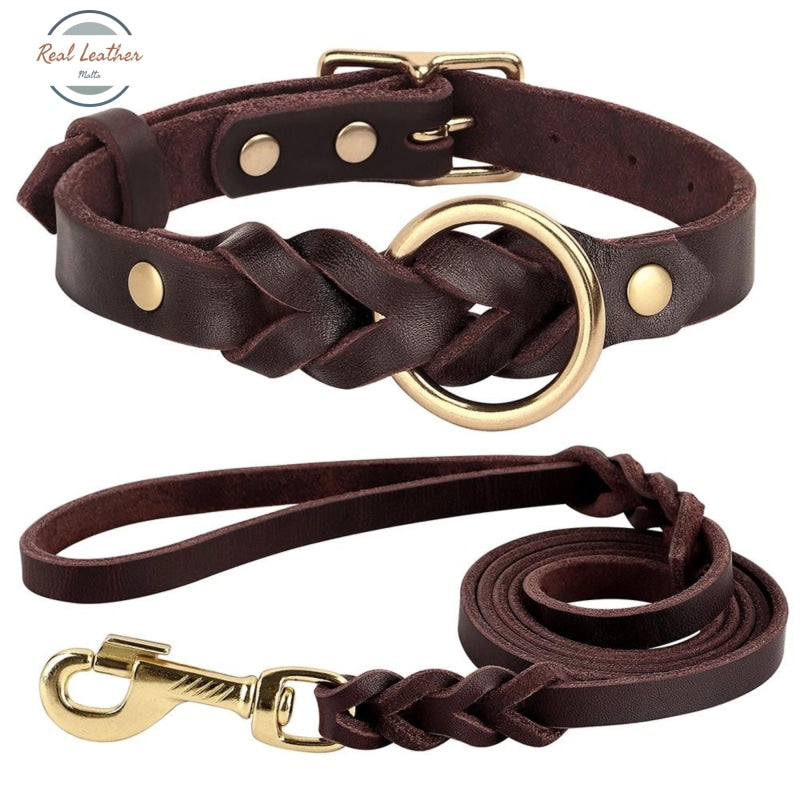 Genuine Leather Durable Braided Dog Collar Leash Set Brown / Medium Leash Set