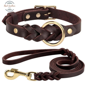 Genuine Leather Durable Braided Dog Collar Leash Set Brown / Medium Leash Set