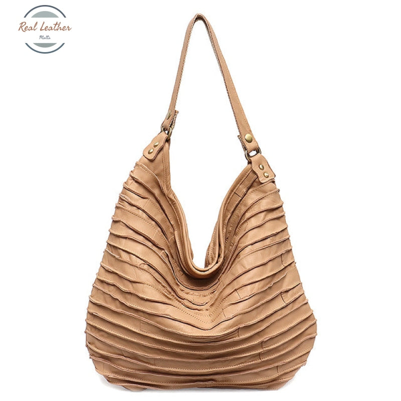Genuine Leather Hobo Style Shoulder Bag Apricot