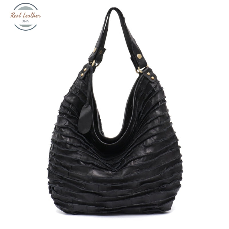 Genuine Leather Hobo Style Shoulder Bag Black