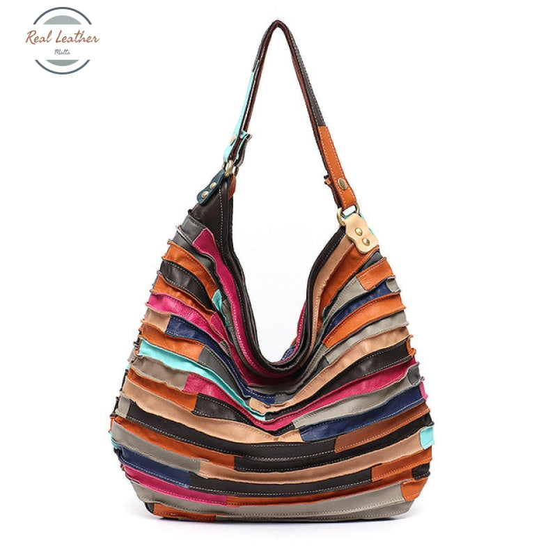 Genuine Leather Hobo Style Shoulder Bag Patchwork