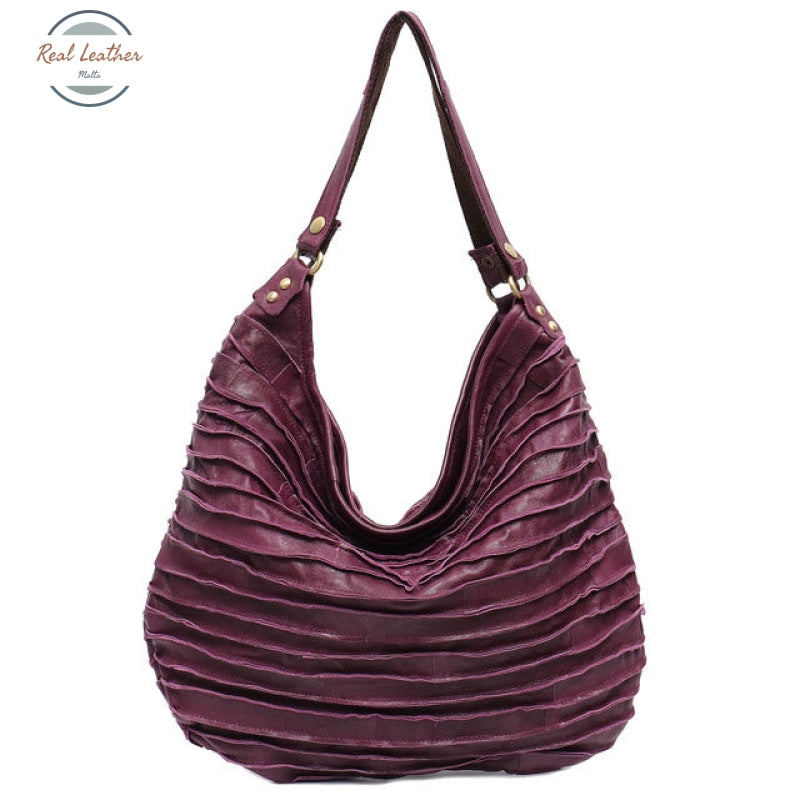 Genuine Leather Hobo Style Shoulder Bag Purple