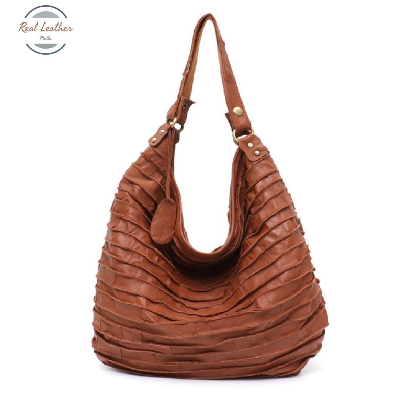 Genuine Leather Hobo Style Shoulder Bag Tan
