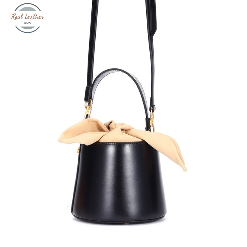 Genuine Leather Ladies Bucket Bag Black Handbags