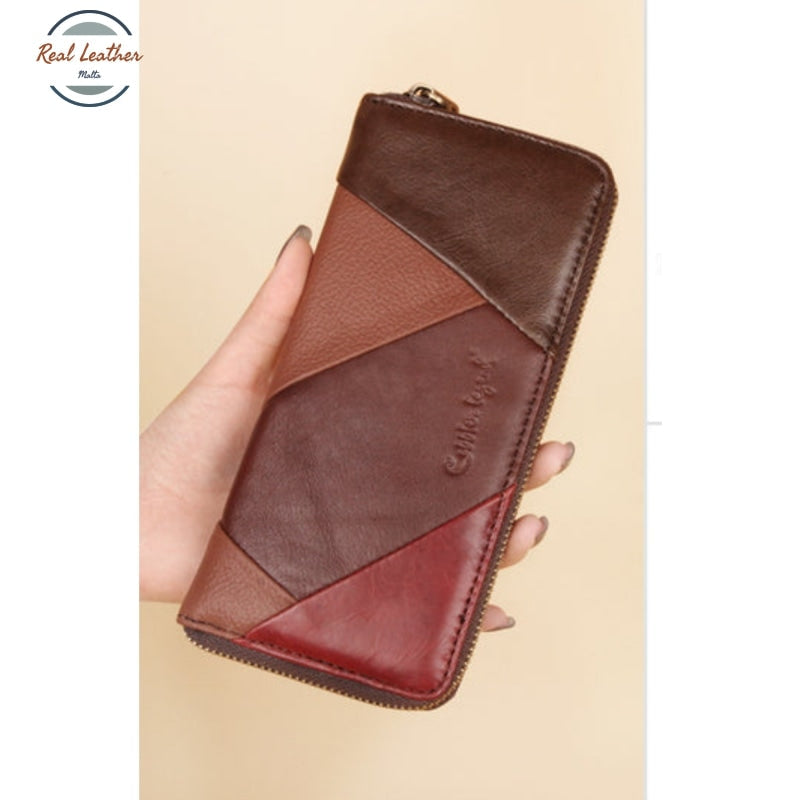 Genuine Leather Ladies Long Wallet Patchwork Brown