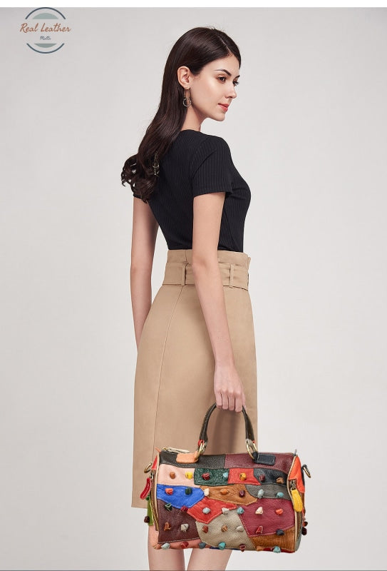 Genuine Leather Ladies Patchwork Handbag