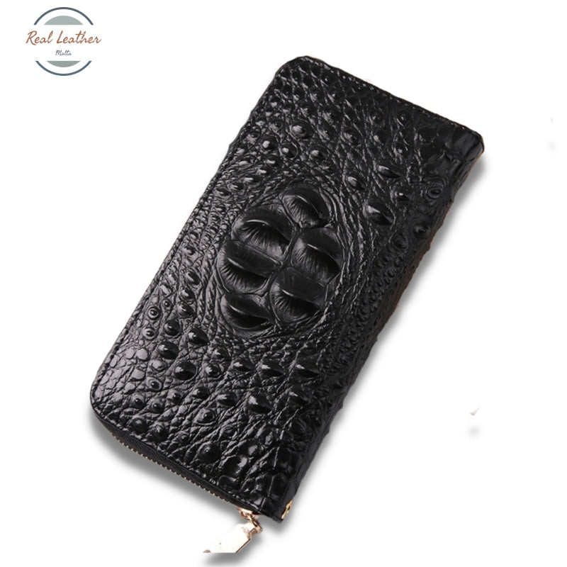 Genuine Leather Ladys Croc Style Long Wallet Black