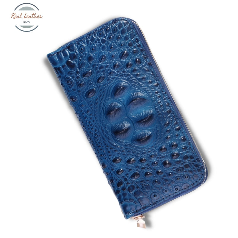 Genuine Leather Ladys Croc Style Long Wallet Blue