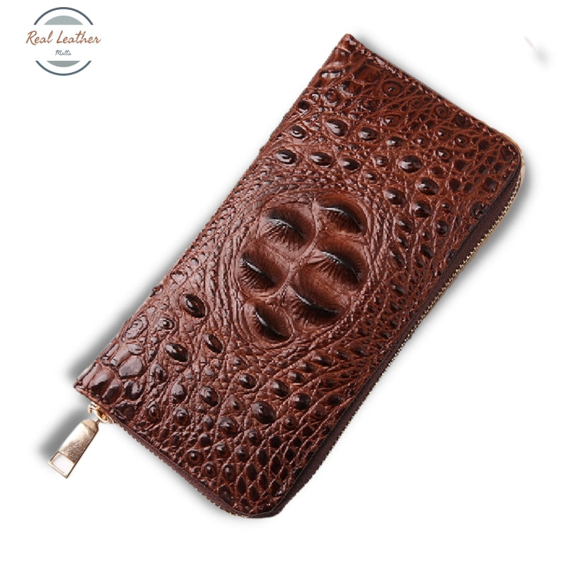 Genuine Leather Ladys Croc Style Long Wallet Coffee