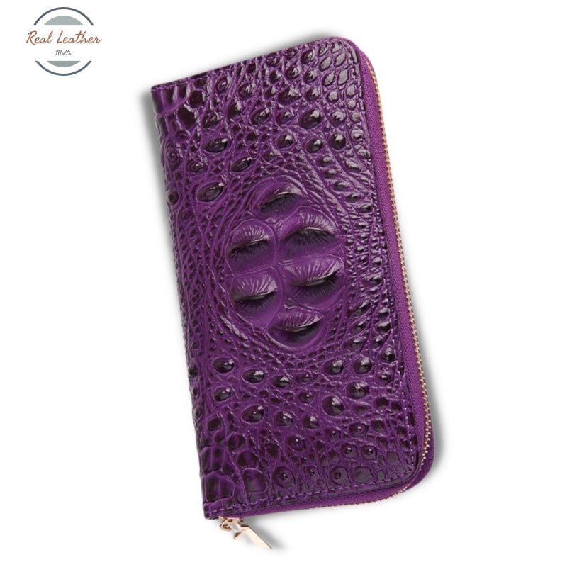 Genuine Leather Ladys Croc Style Long Wallet Purple